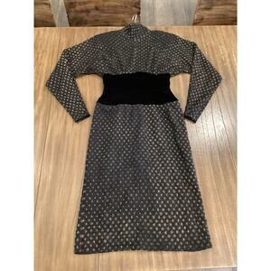 Fernando Sanchez Vintage brocade eyelet Long Sleeve black gold midi retro Dress